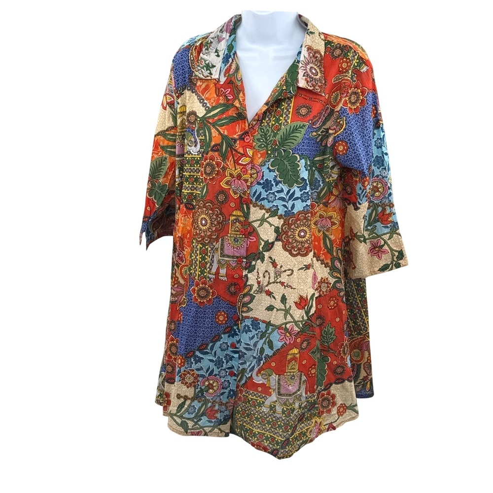 Peace + Love Owls Patchwork Elephant Floral Tunic Shirt XL Multi Color Boho